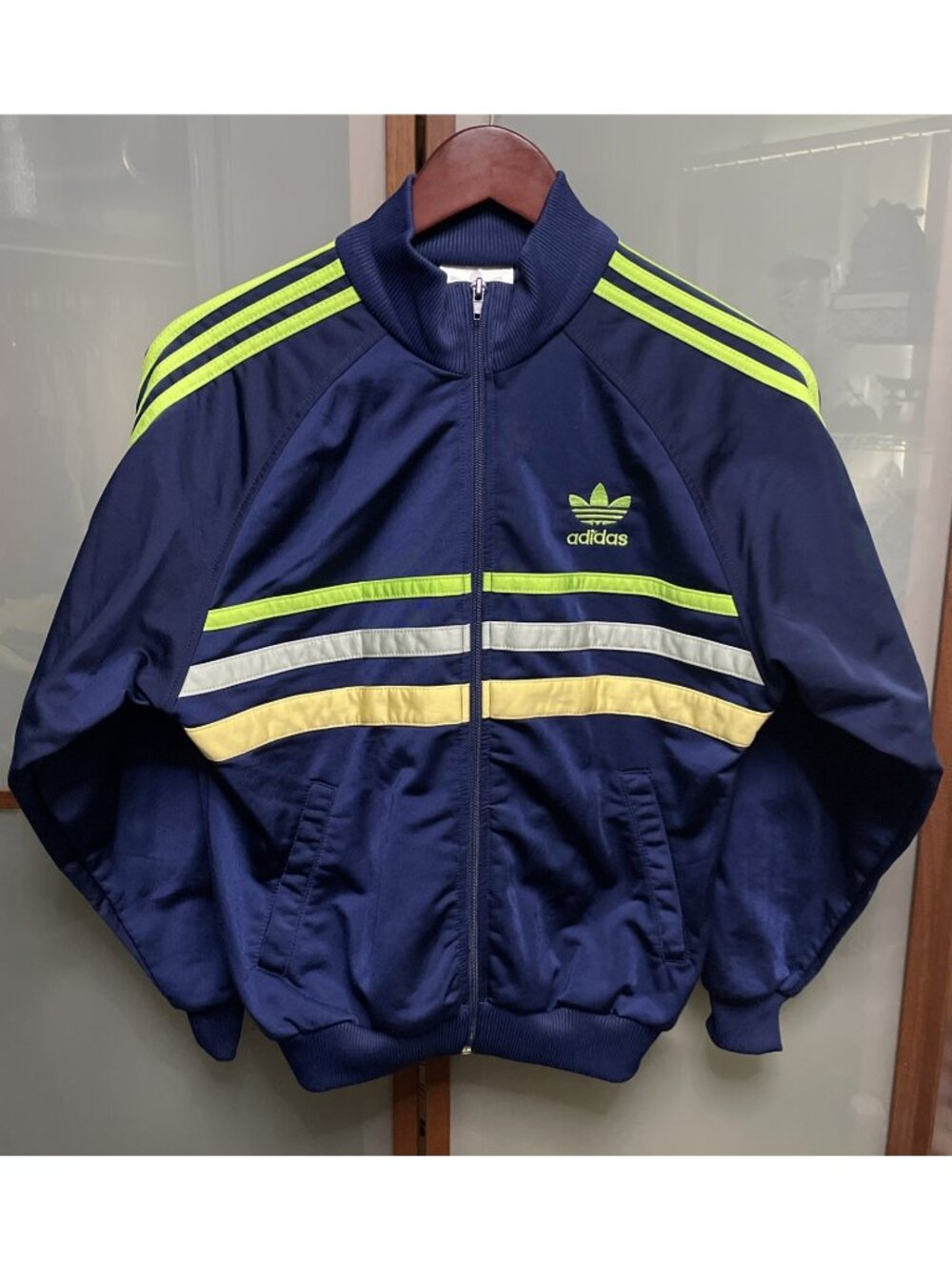 Adidas Vintage 80s Womens Medium Track Jacket Navy & Neon Green Trefoil Striped